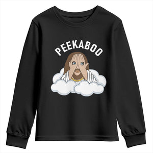 Peekaboo Jesus Funny Christian Youth Sweatshirt Faith Humor Savior in Clouds Religious Meme TS02 Black Print Your Wear