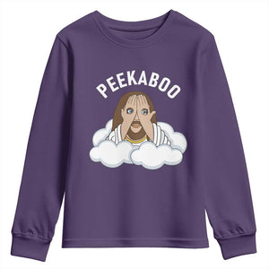 Peekaboo Jesus Funny Christian Youth Sweatshirt Faith Humor Savior in Clouds Religious Meme TS02 Purple Print Your Wear
