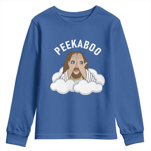 Peekaboo Jesus Funny Christian Youth Sweatshirt Faith Humor Savior in Clouds Religious Meme TS02 Royal Blue Print Your Wear