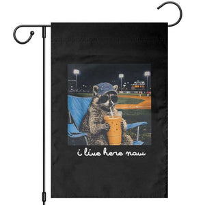 Funny Raccoon Baseball Game Day Meme Garden Flag I Live Here Now Trash Panda Iced Coffee Night TS02 Black Print Your Wear
