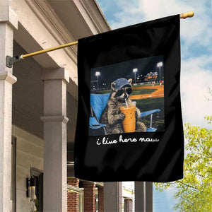 Funny Raccoon Baseball Game Day Meme Garden Flag I Live Here Now Trash Panda Iced Coffee Night TS02 Print Your Wear