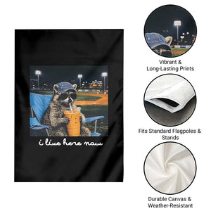 Funny Raccoon Baseball Game Day Meme Garden Flag I Live Here Now Trash Panda Iced Coffee Night TS02 Print Your Wear