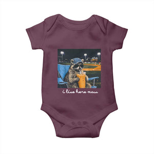 Funny Raccoon Baseball Game Day Meme Baby Onesie I Live Here Now Trash Panda Iced Coffee Night TS02 Maroon Print Your Wear