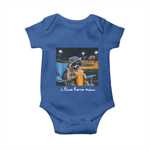 Funny Raccoon Baseball Game Day Meme Baby Onesie I Live Here Now Trash Panda Iced Coffee Night TS02 Royal Blue Print Your Wear