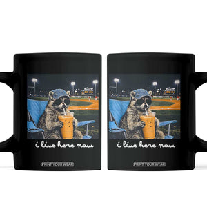 Funny Raccoon Baseball Game Day Meme Coffee Mug I Live Here Now Trash Panda Iced Coffee Night TS02 Black Print Your Wear