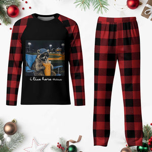 Funny Raccoon Baseball Game Day Meme Plaid Pajama Set I Live Here Now Trash Panda Iced Coffee Night TS02 Buffalo Plaid Print Your Wear