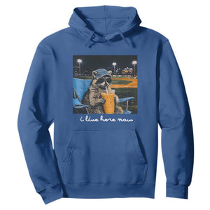 Funny Raccoon Baseball Game Day Meme Hoodie I Live Here Now Trash Panda Iced Coffee Night TS02 Royal Blue Print Your Wear