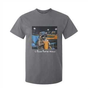 Funny Raccoon Baseball Game Day Meme T Shirt For Kid I Live Here Now Trash Panda Iced Coffee Night TS02 Charcoal Print Your Wear