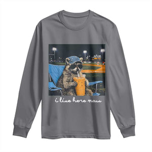 Funny Raccoon Baseball Game Day Meme Long Sleeve Shirt I Live Here Now Trash Panda Iced Coffee Night TS02 Charcoal Print Your Wear