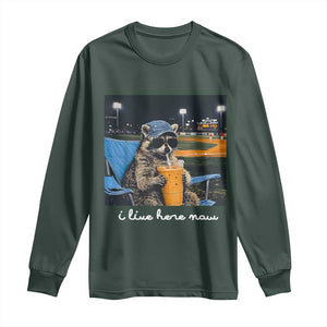 Funny Raccoon Baseball Game Day Meme Long Sleeve Shirt I Live Here Now Trash Panda Iced Coffee Night TS02 Dark Forest Green Print Your Wear