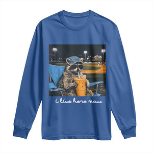 Funny Raccoon Baseball Game Day Meme Long Sleeve Shirt I Live Here Now Trash Panda Iced Coffee Night TS02 Royal Blue Print Your Wear