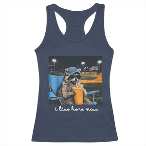 Funny Raccoon Baseball Game Day Meme Racerback Tank Top I Live Here Now Trash Panda Iced Coffee Night TS02 Navy Print Your Wear