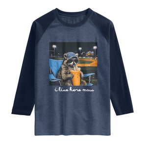 Funny Raccoon Baseball Game Day Meme Raglan Shirt I Live Here Now Trash Panda Iced Coffee Night TS02 Heather Denim Navy Print Your Wear