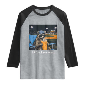 Funny Raccoon Baseball Game Day Meme Raglan Shirt I Live Here Now Trash Panda Iced Coffee Night TS02 Heather Gray Black Print Your Wear