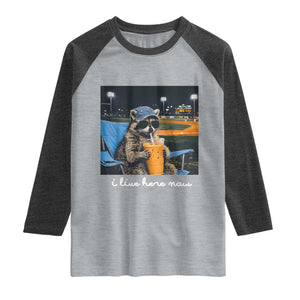 Funny Raccoon Baseball Game Day Meme Raglan Shirt I Live Here Now Trash Panda Iced Coffee Night TS02 Heather Gray Heather Charcoal Print Your Wear