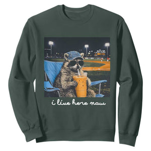 Funny Raccoon Baseball Game Day Meme Sweatshirt I Live Here Now Trash Panda Iced Coffee Night TS02 Dark Forest Green Print Your Wear