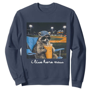 Funny Raccoon Baseball Game Day Meme Sweatshirt I Live Here Now Trash Panda Iced Coffee Night TS02 Navy Print Your Wear