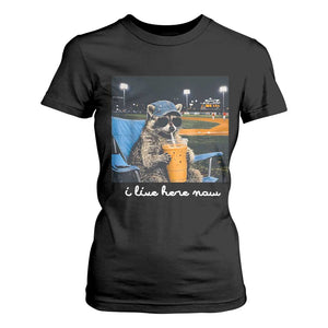 Funny Raccoon Baseball Game Day Meme T Shirt For Women I Live Here Now Trash Panda Iced Coffee Night TS02 Black Print Your Wear