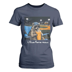 Funny Raccoon Baseball Game Day Meme T Shirt For Women I Live Here Now Trash Panda Iced Coffee Night TS02 Navy Print Your Wear