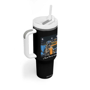 Funny Raccoon Baseball Game Day Meme Tumbler With Handle I Live Here Now Trash Panda Iced Coffee Night TS02 Print Your Wear