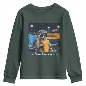 Funny Raccoon Baseball Game Day Meme Youth Sweatshirt I Live Here Now Trash Panda Iced Coffee Night TS02 Dark Forest Green Print Your Wear