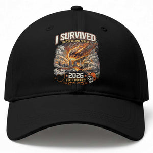 I Survived The Cleveland Meteor 2026 Baseball Cap Funny Ohio Apocalypse Meme Vintage Football Fan Humor TS02 Print Your Wear