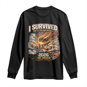 I Survived The Cleveland Meteor 2026 Long Sleeve Shirt Funny Ohio Apocalypse Meme Vintage Football Fan Humor TS02 Black Print Your Wear