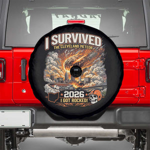 I Survived The Cleveland Meteor 2026 Spare Tire Cover Funny Ohio Apocalypse Meme Vintage Football Fan Humor TS02 Black Print Your Wear