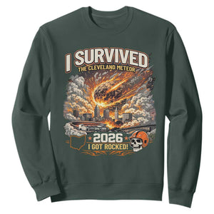 I Survived The Cleveland Meteor 2026 Sweatshirt Funny Ohio Apocalypse Meme Vintage Football Fan Humor TS02 Dark Forest Green Print Your Wear