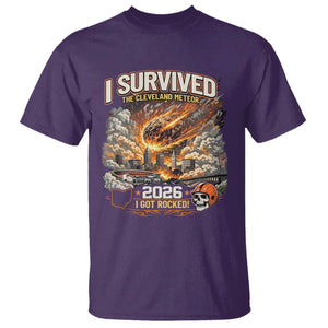 I Survived The Cleveland Meteor 2026 T Shirt Funny Ohio Apocalypse Meme Vintage Football Fan Humor TS02 Purple Print Your Wear