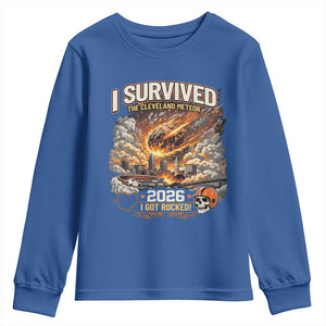 I Survived The Cleveland Meteor 2026 Youth Sweatshirt Funny Ohio Apocalypse Meme Vintage Football Fan Humor TS02 Royal Blue Print Your Wear