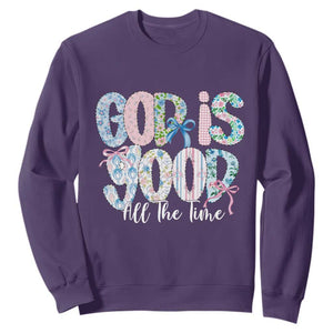 God Is Good All The Time Coquette Christian Faith Sweatshirt Floral Patchwork Aesthetic Bow Cute Religious Gift TS02 Purple Print Your Wear