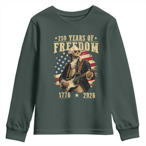 250 Years of Freedom George Washington Rock Star Youth Sweatshirt Funny Electric Guitar Player Vintage American Flag 1776 to 2026 Semiquincentennial TS02 Dark Forest Green Print Your Wear