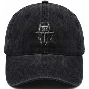 Christian Dad Lion of Judah Cross Spiritual Warrior Washed Cotton Baseball Cap Fatherhood Is Kingdom Work Proverbs 22:6 Religious Fathers Day