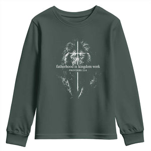Christian Dad Lion of Judah Cross Spiritual Warrior Youth Sweatshirt Fatherhood Is Kingdom Work Proverbs 22:6 Religious Fathers Day
