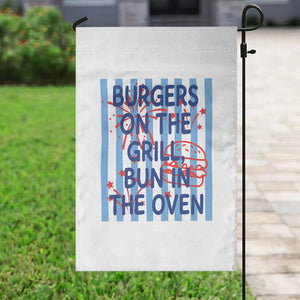 Patriotic 4th of July Pregnancy Announcement Preppy Style Garden Flag Burgers On The Grill Bun In The Oven Summer BBQ