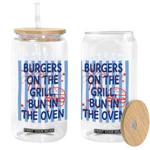 Patriotic 4th of July Pregnancy Announcement Preppy Style Glass Can Burgers On The Grill Bun In The Oven Summer BBQ