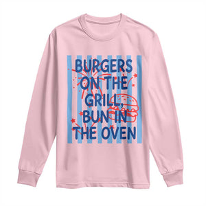 Patriotic 4th of July Pregnancy Announcement Preppy Style Long Sleeve Shirt Burgers On The Grill Bun In The Oven Summer BBQ