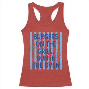 Patriotic 4th of July Pregnancy Announcement Preppy Style Racerback Tank Top Burgers On The Grill Bun In The Oven Summer BBQ