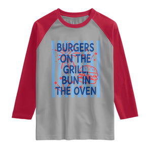 Patriotic 4th of July Pregnancy Announcement Preppy Style Raglan Shirt Burgers On The Grill Bun In The Oven Summer BBQ