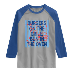 Patriotic 4th of July Pregnancy Announcement Preppy Style Raglan Shirt Burgers On The Grill Bun In The Oven Summer BBQ