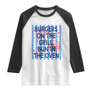 Patriotic 4th of July Pregnancy Announcement Preppy Style Raglan Shirt Burgers On The Grill Bun In The Oven Summer BBQ