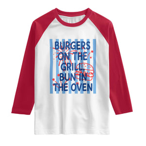 Patriotic 4th of July Pregnancy Announcement Preppy Style Raglan Shirt Burgers On The Grill Bun In The Oven Summer BBQ