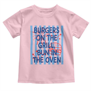 Patriotic 4th of July Pregnancy Announcement Preppy Style Toddler T Shirt Burgers On The Grill Bun In The Oven Summer BBQ