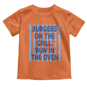Patriotic 4th of July Pregnancy Announcement Preppy Style Toddler T Shirt Burgers On The Grill Bun In The Oven Summer BBQ