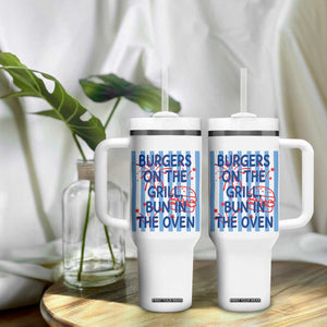 Patriotic 4th of July Pregnancy Announcement Preppy Style Tumbler With Handle Burgers On The Grill Bun In The Oven Summer BBQ