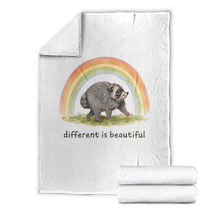 Cute Viral Raccoon Positive Quote Throw Blanket Different Is Beautiful Pastel Rainbow Graphic