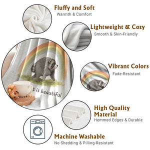 Cute Viral Raccoon Positive Quote Throw Blanket Different Is Beautiful Pastel Rainbow Graphic