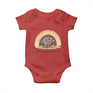 Cute Viral Raccoon Positive Quote Baby Onesie Different Is Beautiful Pastel Rainbow Graphic TS02 Red Print Your Wear