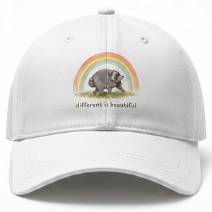 Cute Viral Raccoon Positive Quote Baseball Cap Different Is Beautiful Pastel Rainbow Graphic TS02 Print Your Wear